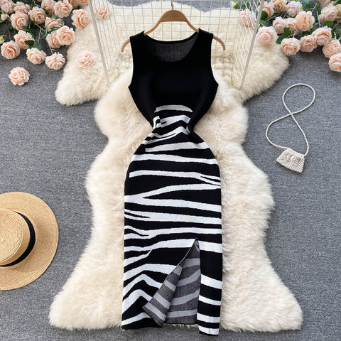 Sexy Stripe Knit sleeveless split Dress Chic Sexy Vintage korean Fashion Beach Vacation Dress Women Casual Slim Pencil Vestidos