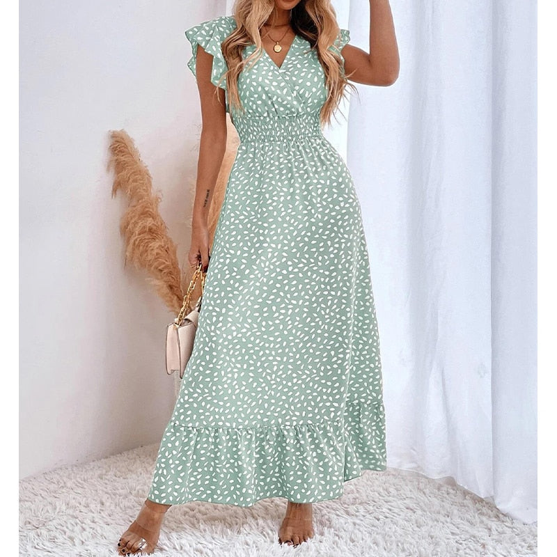 Casual Polka Dot Dress Women Summer V Neck Sleeveless High Waist A-line Long Dresses Boho Beach Sundress Chiffon Dress Vestidos