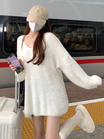 Pure Color V-Neck Knitted Sweater Women Long Sleeve Sweet Elegant White Pullover Female Korean Style Y2k Clothing Autumn