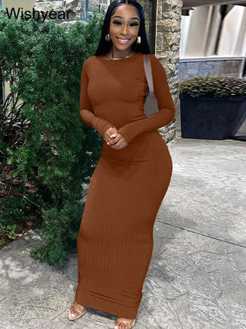 Elegant Solid Knitting Ribbed Evening Dresses For Women Clothes Long Sleeve O Neck Office Maxi Dress Club Female Birthday