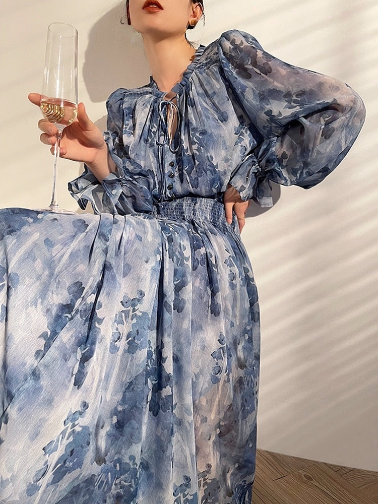 French Vintage Long Sleeve Fairy Dress Women Slim Fashion Floral Midi Dress Beach Casual Korean Style Dresses Female Summer