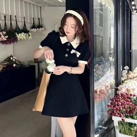 Sweet Dress Women Preppy Style Bow Turn Down Collar Mini Dress Student Korean High Waist Short Sleeve A Line Sundress Y2K