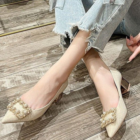 Pumps  New Pearl Diamond Buckle Pointed Toe Fashion High Heels Summer Designer Shoes Wedding Party Luxury Brand Woman Shoe