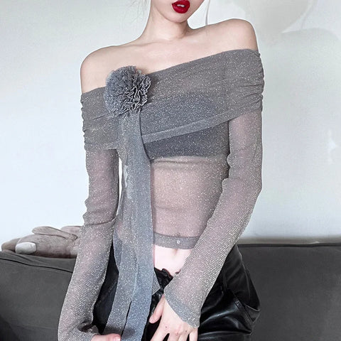 Flower Splice Mesh Shirts For Women Sexy See Through Slim Long Sleeve Crop Top Femme Club Party Fashion Shiny Shirt Lady