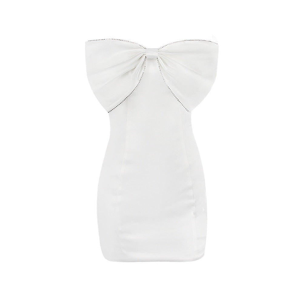 Sexy Satin Strapless White Bodycon Dress Mini Diamonds Bow Wedding Guest Night Party Dresses Summer Women Dress