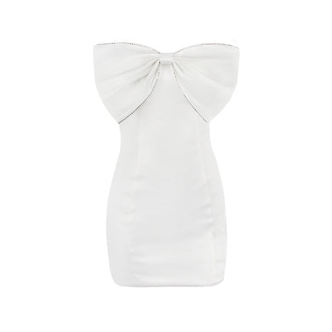 Sexy Satin Strapless White Bodycon Dress Mini Diamonds Bow Wedding Guest Night Party Dresses Summer Women Dress
