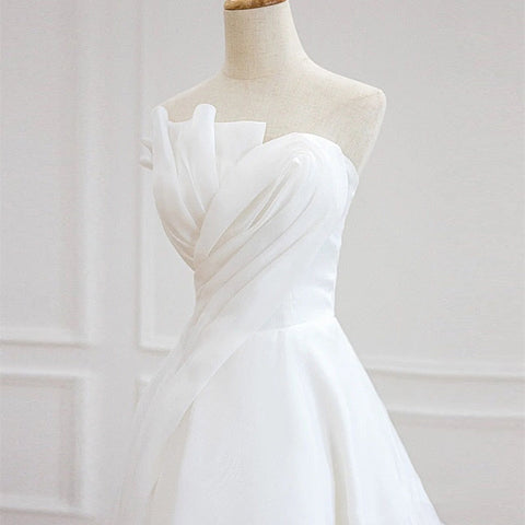Luxury White Satin Chiffon Strapless Wedding Trailing Dresses for Bride Elegant Long Prom Evening Guest Party Women Dress