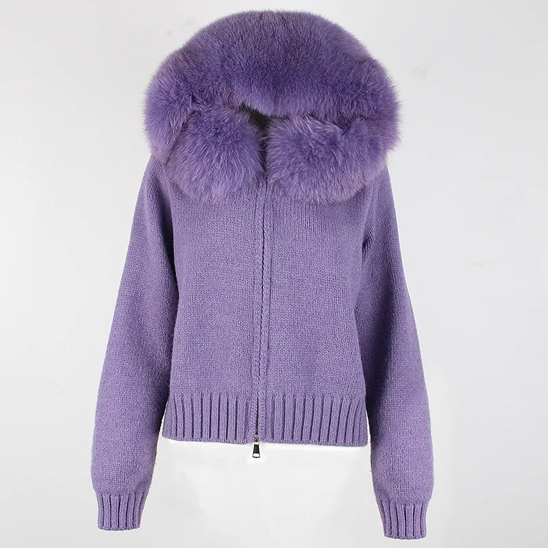 Fashion Autumn Winter Casual Hooded Real Fox Fur Collar Fashion Short Knitted Jacket with Natural Fur Coat for Women