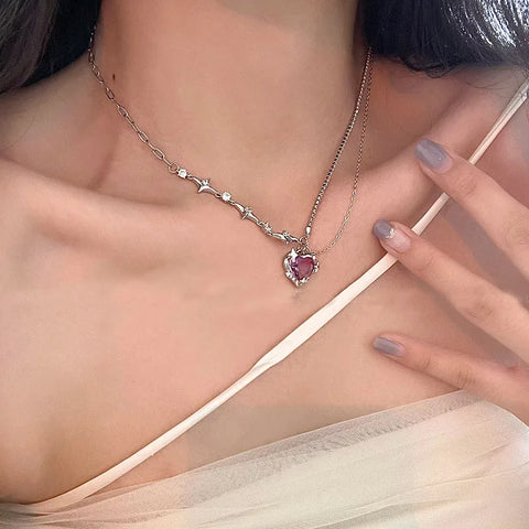 New Black Crystal Peach Heart Pendant Necklace for Women Girl  Fashion Zircon Stars Clavicle Chain Aesthetic Y2K Jewelry