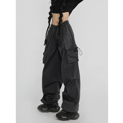 Cyber Y2K Red Parachute Pants Women Hip Hop Streetwear Gray Cargo Trousers Oversized Egirl Punk Black Wide Leg Pantalones