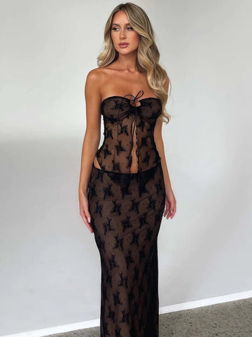 Lace Print Sexy Dress Set Women Strapless Crop Top And Long Skirt Matching Sets Female Night Club Party Two Piece Set