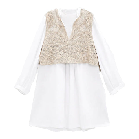 spring and summer sweet temperament all-match fake two-piece hollow knitted vest stitching shirt-style loose casual dress