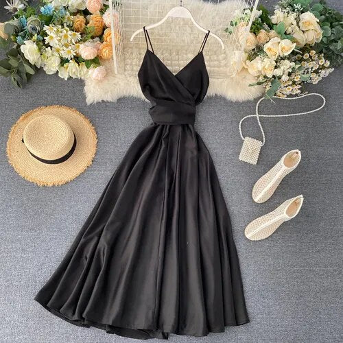Elegant Sexy Backless High Waist Pleated Slip Dress Fairy A-line Summer Beach Vacation Vestidos Slim Women Evening Party Dress