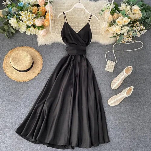 Elegant Sexy Backless High Waist Pleated Slip Dress Fairy A-line Summer Beach Vacation Vestidos Slim Women Evening Party Dress