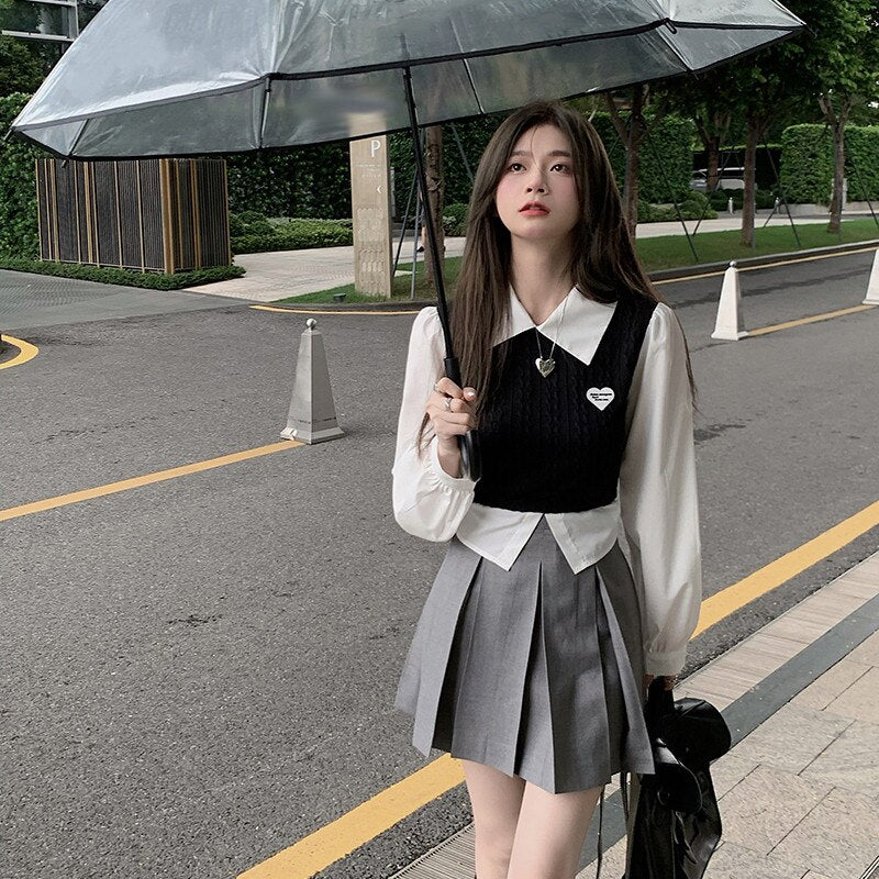 Sweet Japanese Girl Fashion 2 Piece Skirt Sets Long Sleeve Patchwork Shirt Top&amp;High Waist Pleated Mini Skirt 2pc Dress Outfits