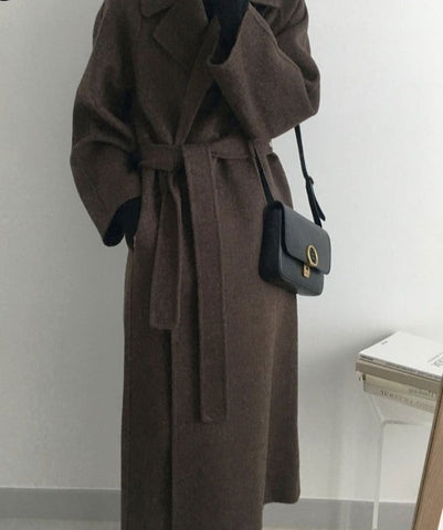 French Lazy Style Warm Female Fresh Winter Classical Belt Retro Loose Women Woolen Coats Chic Casual Long Coat Long