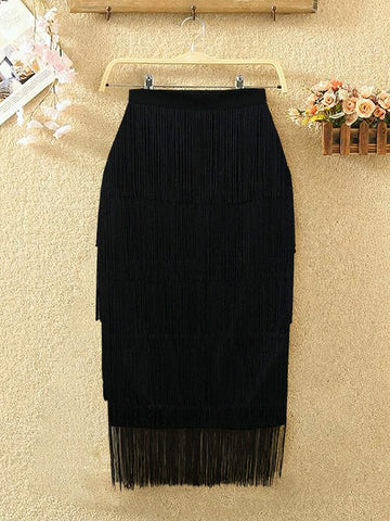 Women Fringe Bodycon Pencil Skirts Black Tassel High Waist Stretch Sheath Midi Length Ladies Slim Elegant Saias faldas Big Size Pbong  mid size graduation outfit romantic style teen swag clean girl ideas 90s latina aesthetic