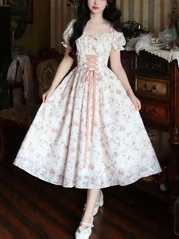 Summer Korean Fashion Lace Fairy Dress Women Square Collar Princess Kawaii Floral Print Dress Female Bandage Sweet Dress