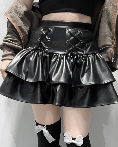 Gothic Bandage Pu Pleated Skirt Darl Black Leather High Waisted Mini Skirts Women Fashion Preppy Style Streetwear