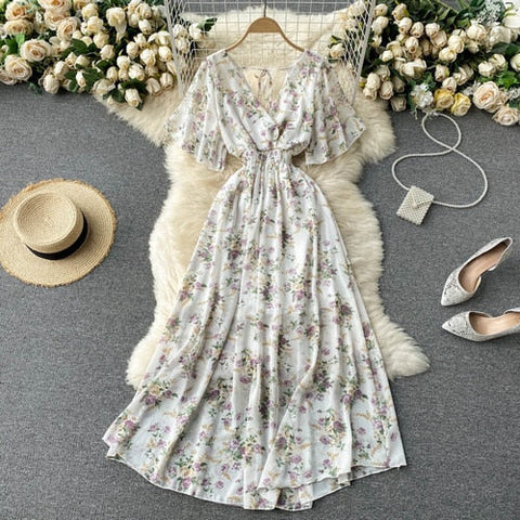 Retro Floral Print Ruffle Chiffon Elegant Midi Dress A-line V Neck Beach Vacation Dress Women Korean Fashion Summer Vestidos