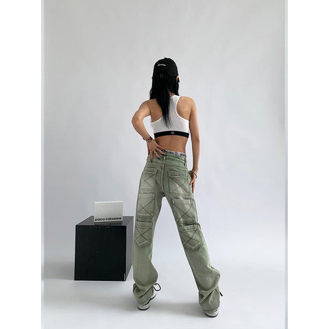 Women's Green Jeans Vintage Washed Multiple Pockets Wide Leg Pants Casual Street High Waist Baggy Denim Trouser Ladies Summer