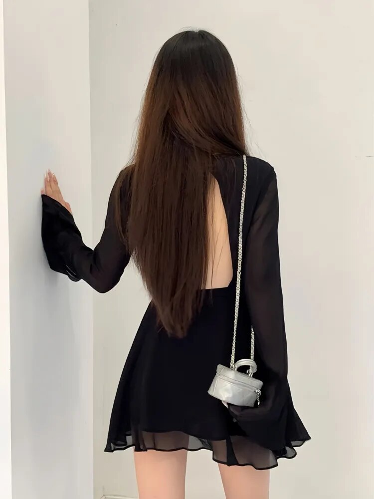 Backless Black Dress Women Elegant Back Hollow Out Lace-up Long Sleeve Mesh Patchwork Sexy Slim Ruffle Mini Dress Party