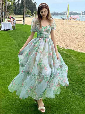 French Vintage Floral Midi Dress Women Organza Elegant Casual Party Fairy Dress Casual Holiday Princess Dress Women Spring