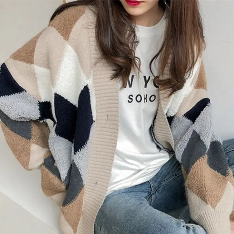 Plaid Chic Cardigans Button Puff Sleeve Checkered Oversized Women's Sweaters Winter Spring Sweater Tops SW658