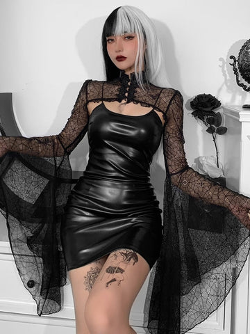 Gothic Punk Balck Faux Leather 2Pcs Dress Vintage Flare Sleeve Crop Tops Women Sexy Backless Bodycon Nightclub Dresses