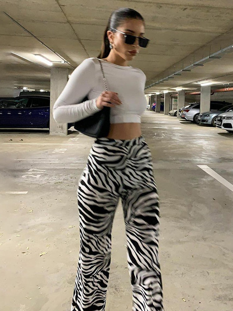 Zebra Print Wide Leg Pants Trousers Sexy High Waist Autumn Women Fashion Casual Female Trousers Streetwear