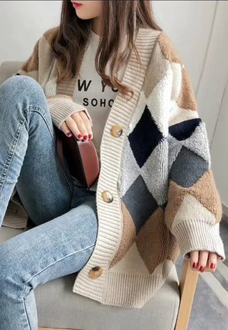 Plaid Chic Cardigans Button Puff Sleeve Checkered Oversized Women's Sweaters Winter Spring Sweater Tops SW658