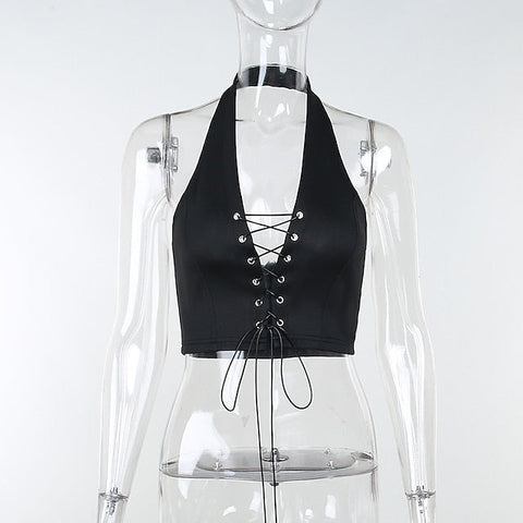 Women's Crop Top T-shirt Tie Back Halter Top Tee Punk Goth Y2K Clubwear Street Style Summer