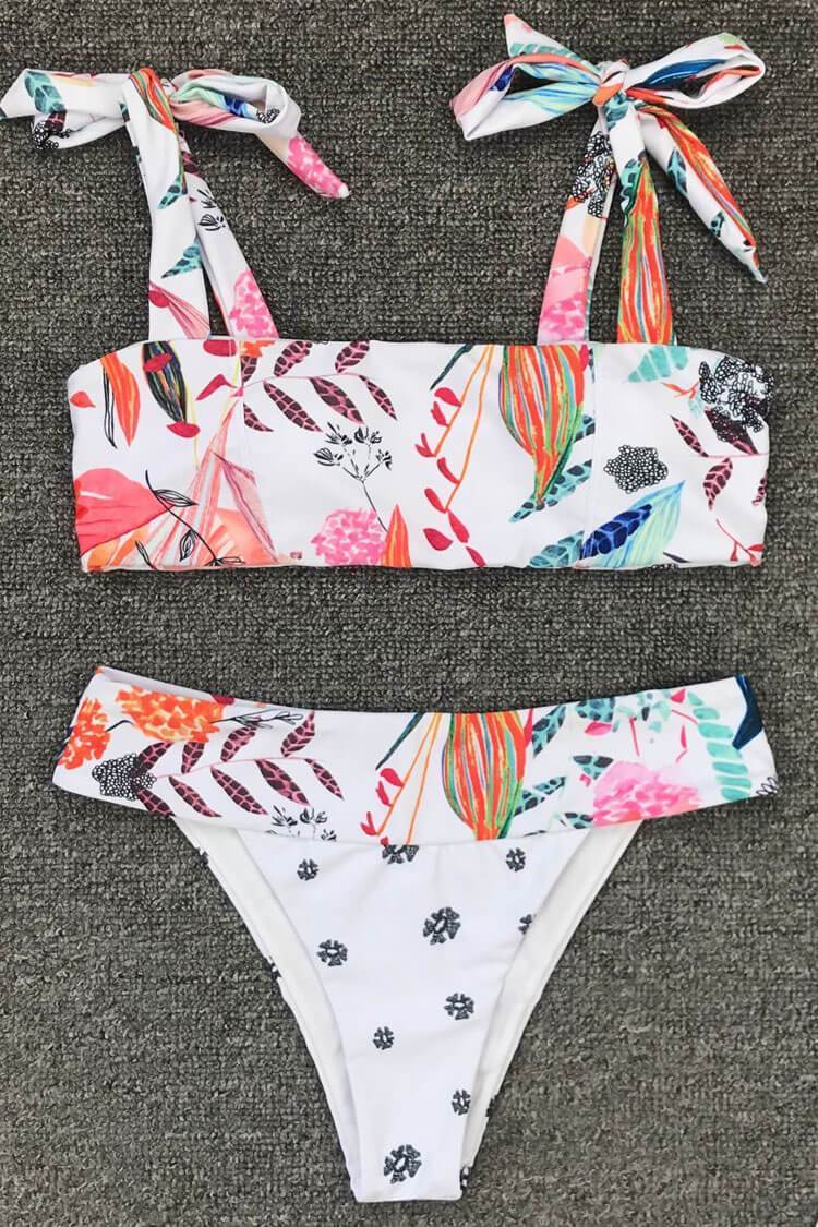 Abstract Floral Self Tie Bandeau Bikini Swimsuit - Two Piece Set