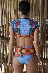 Abstract Painting High Waisted Tie Front Bikini Swimsuit - Two Piece Set