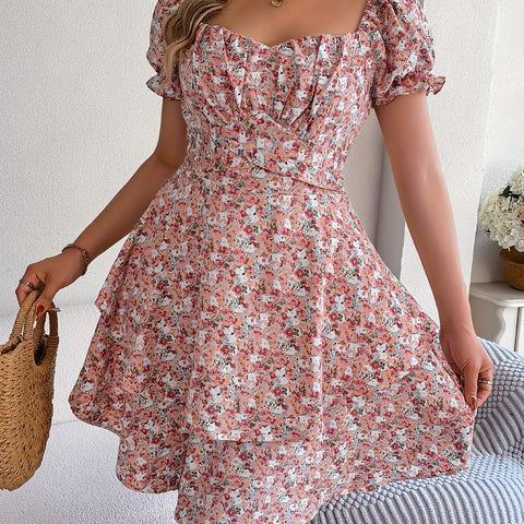 Bohemia Floral Print Dress, Puff Short Sleeve Square Neck Ruffle Hem Vacation Dress, Women's Clothing