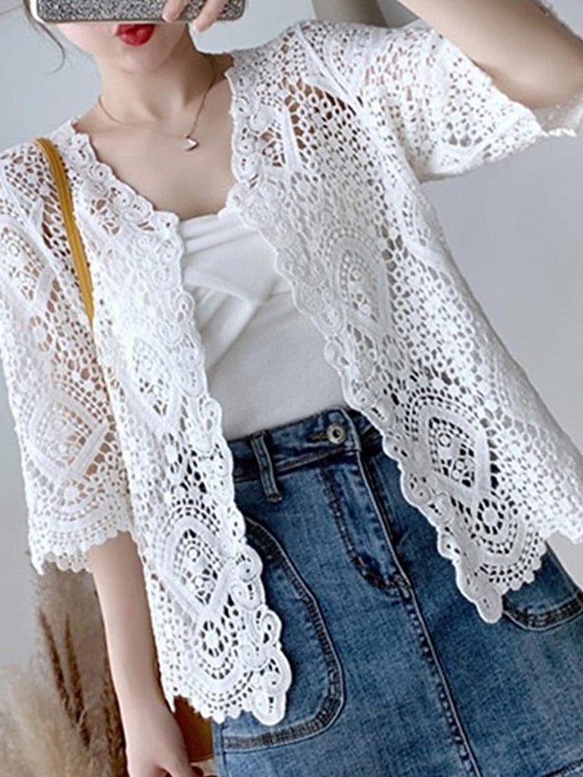 Women's Cardigan Sweater Jumper Crochet Knit Embroidered Hole Solid Color Open Front Stylish Casual Daily Going out Summer Spring White Beige One-Size