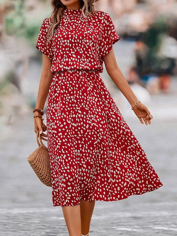 Women's Casual Dress A Line Dress Floral Dress Floral Ditsy Floral Print Crew Neck Midi Dress Fashion Modern Outdoor Date Short Sleeve Loose Fit Black Red Blue Summer Spring S M L XL