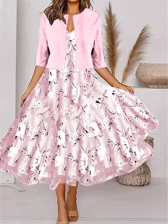 Women's Two Piece Dress Set Casual Dress Chiffon Dress Outdoor Daily Fashion Elegant Print Midi Dress V Neck Half Sleeve Floral Regular Fit Black Pink Gray Summer Spring S M L XL XXL