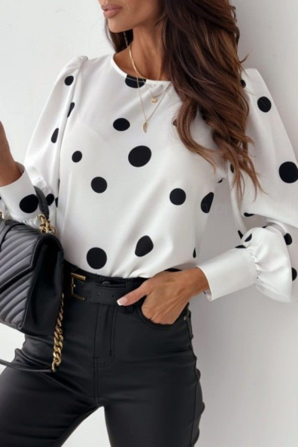 Pbong - White Casual Dot Print Basic O Neck Tops