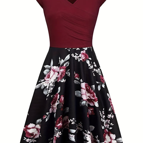 Floral Print V Neck Dress, Elegant Short Sleeve Dress For Spring & Summer, Women's Clothing