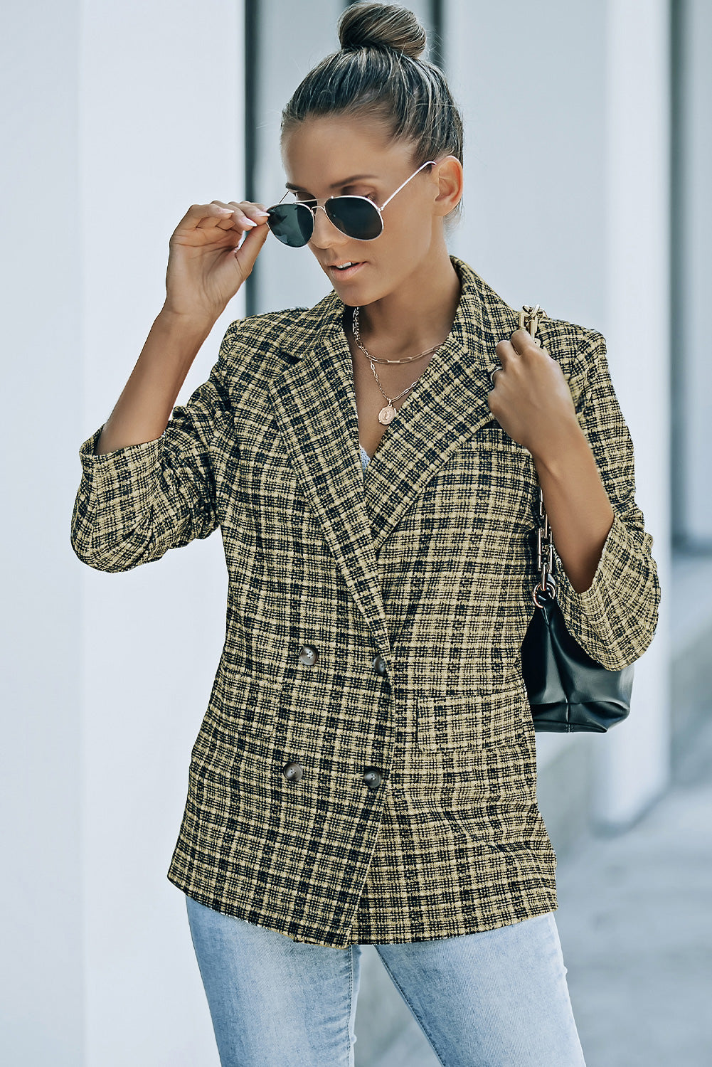 Plaid Double-Breasted Long Sleeve Blazer