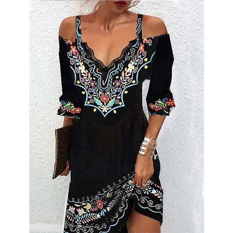 Women's Casual Dress Ethnic Dress Mini Dress Black 3/4 Length Sleeve Pure Color Print Summer Spring Fall V Neck Stylish S M L XL XXL 3XL