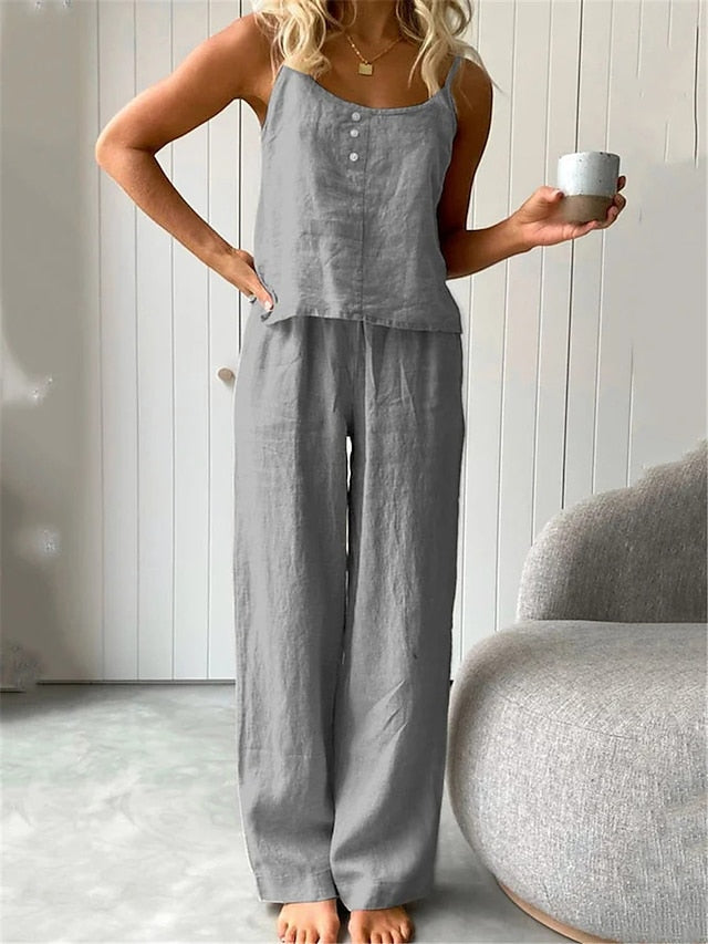 Women's Cotton And Linen Loungewear Sets Pure Color Fashion Simple Casual Street Daily Date  Breathable Straps Sleeveless Strap Top Pant Pocket Summer Spring White Blue