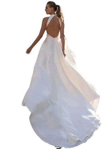 Reception Open Back Casual Wedding Dresses A-Line Halter Sleeveless Court Train Satin Bridal Gowns With Solid Color Summer Wedding Party, Women's Clothing