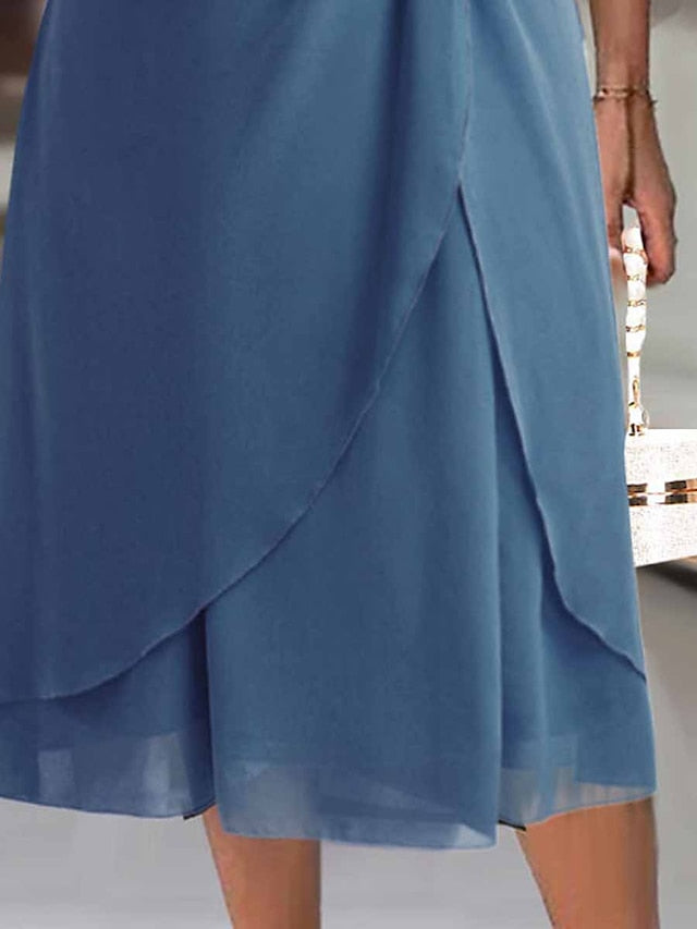 Women's Party Dress Cocktail Dress Wedding Guest Dress Midi Dress Blue Short Sleeve Pure Color Ruffle Summer Spring Fall V Neck Party Office Evening Party Wedding Guest S M L XL 2XL 3XL