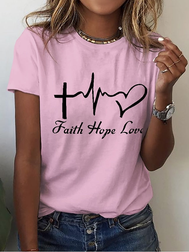 Women's T shirt Tee White Yellow Pink Heart Letter Print Short Sleeve Casual Weekend Basic Round Neck Regular Cotton Painting S