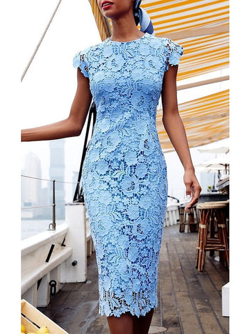 Women's Lace Dress Sheath Dress Midi Dress Blue Short Sleeve Solid Color Lace Spring Summer Round Neck Classic & Timeless Party S M L XL