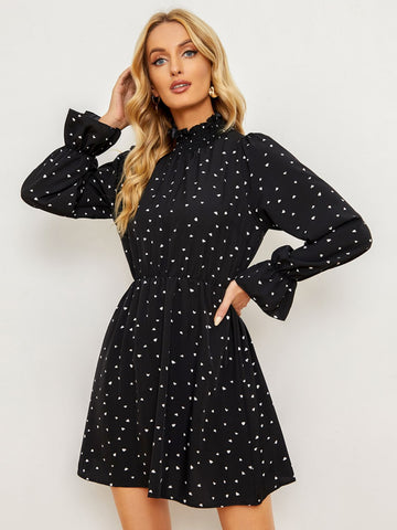 Printed  Long Flounce Sleeve Frill Neck Dress