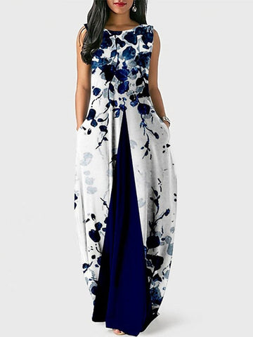 Women's Party Dress Shift Dress Long Dress Maxi Dress Blue Wine Dark Blue Sleeveless Floral Pocket Spring Summer Crew Neck Party S M L XL XXL 3XL