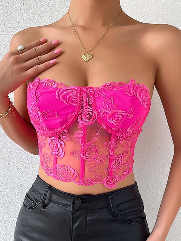 Women's Corset Bustier Black White Pink Floral Lace Backless Sleeveless Holiday Weekend Streetwear Sexy Y2K Strapless Crop Floral S